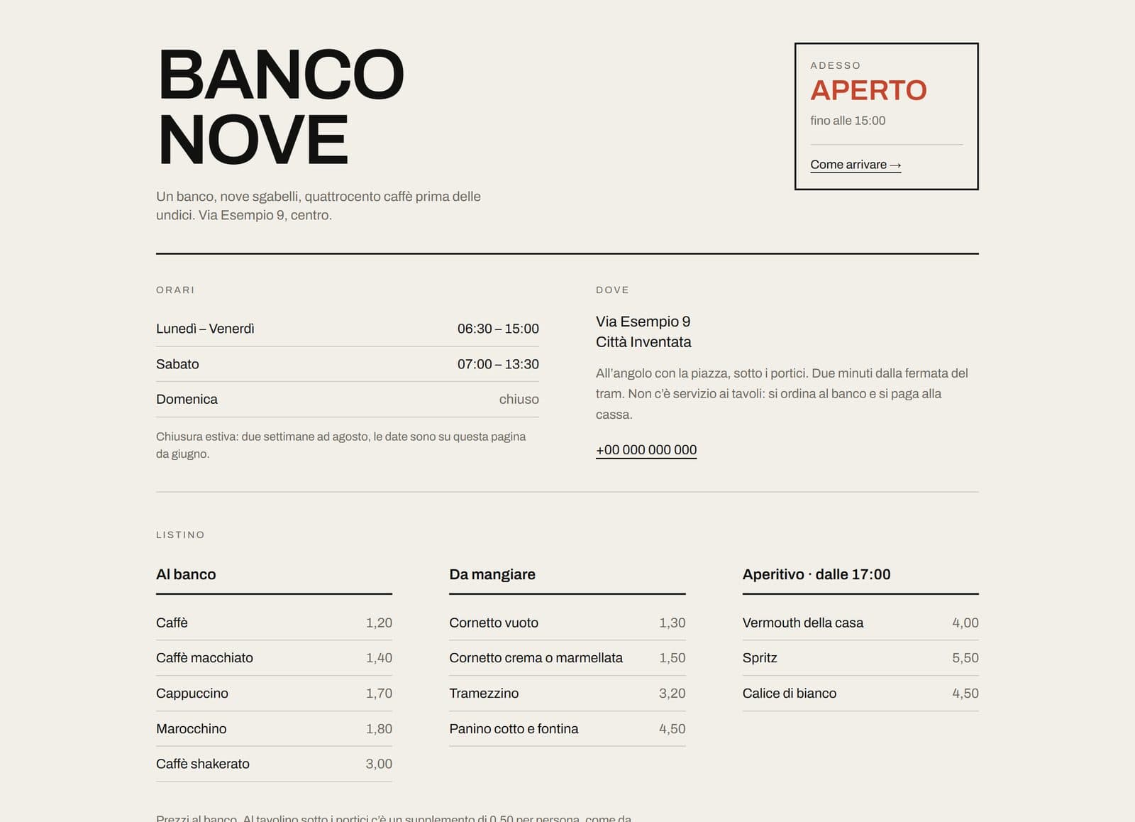 La portada de Banco Nove: tipografía negra y pesada, un recuadro de abierto o cerrado, los horarios y una lista de precios densa, sin ninguna fotografía.
