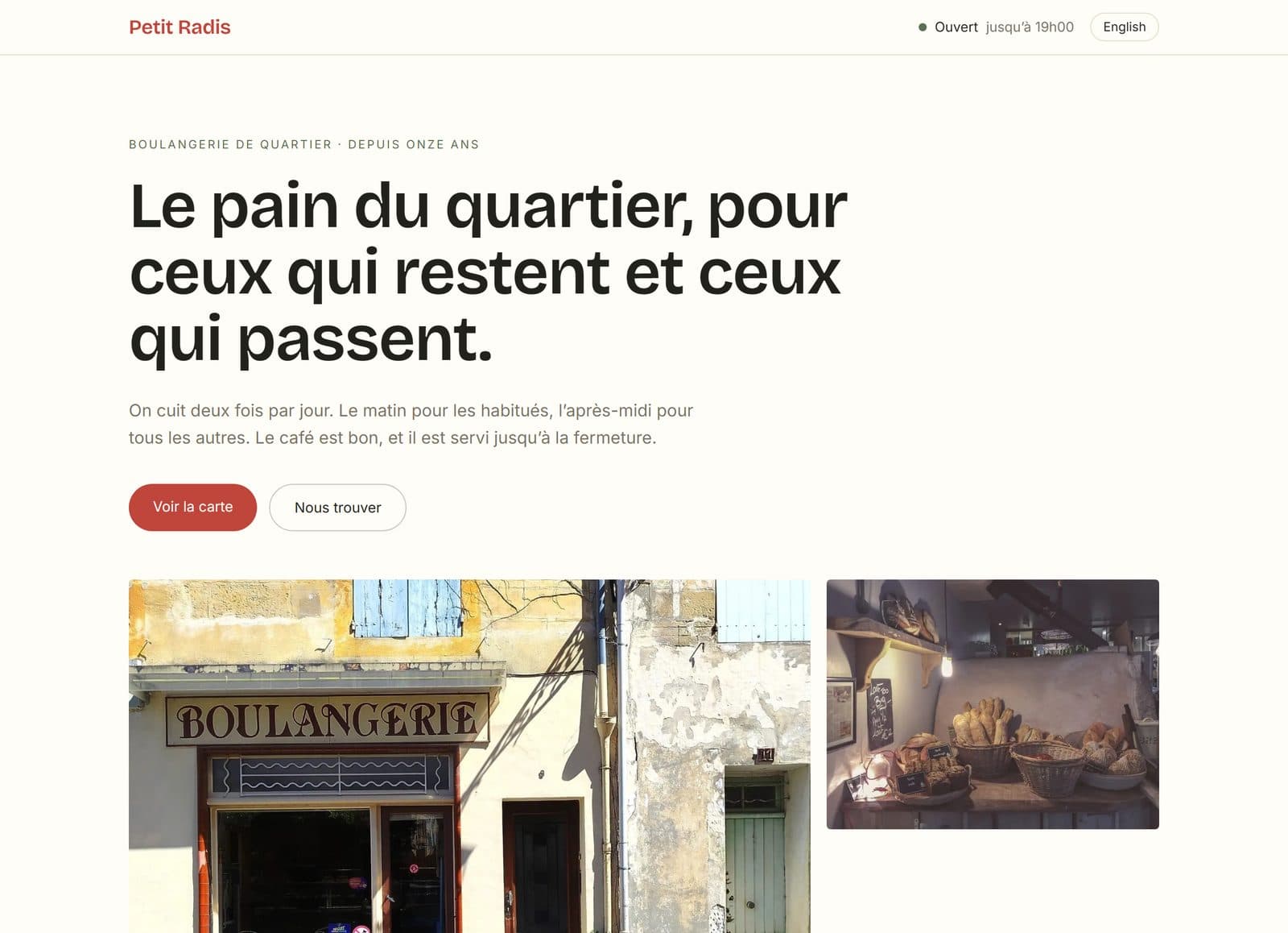 La portada de Petit Radis: un logotipo rojo, un selector de idioma, el titular en francés y fotografías de la fachada y del pan.