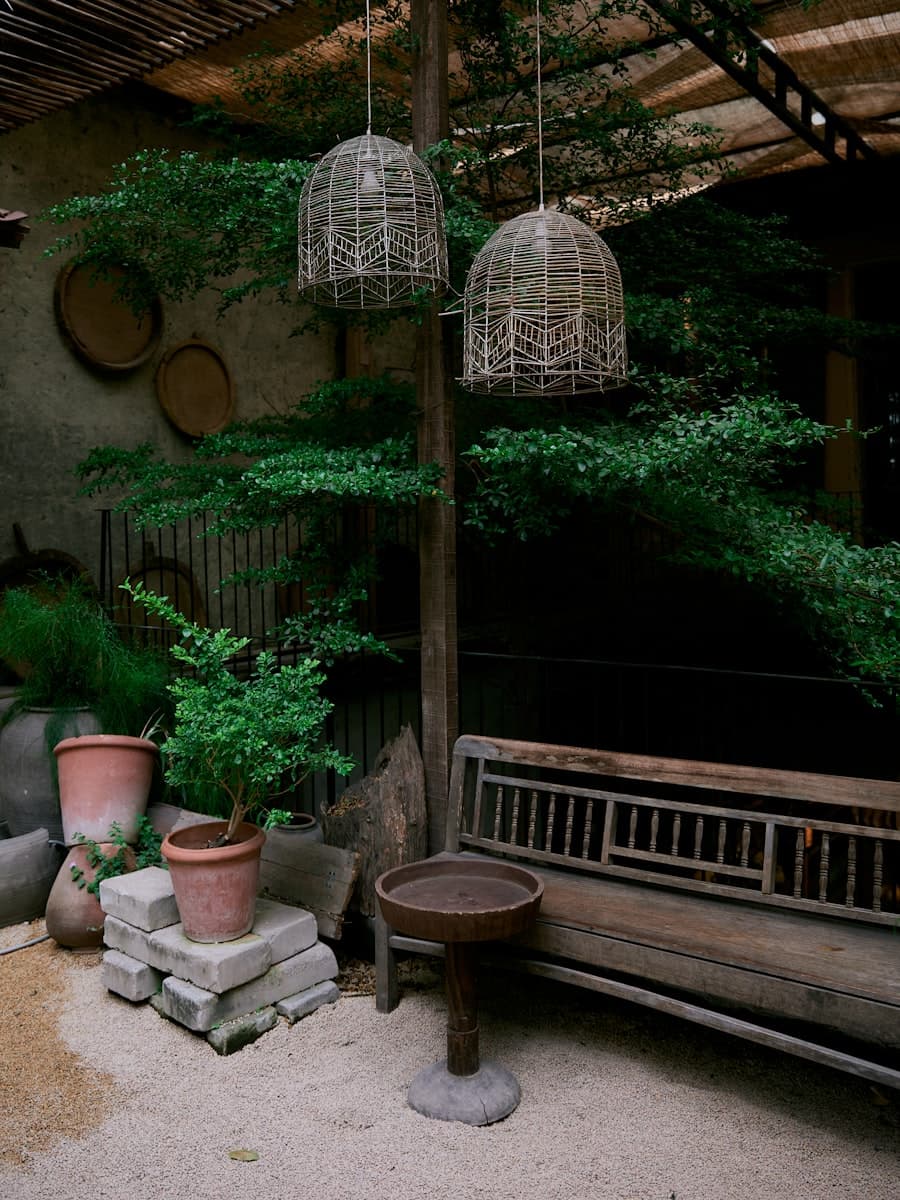 A corner of the courtyard, with planting and a table.